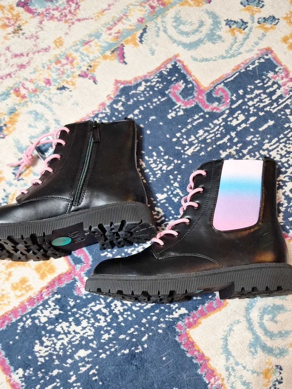 Kids Black Combat Boots with Pink Laces and Gradient Panel